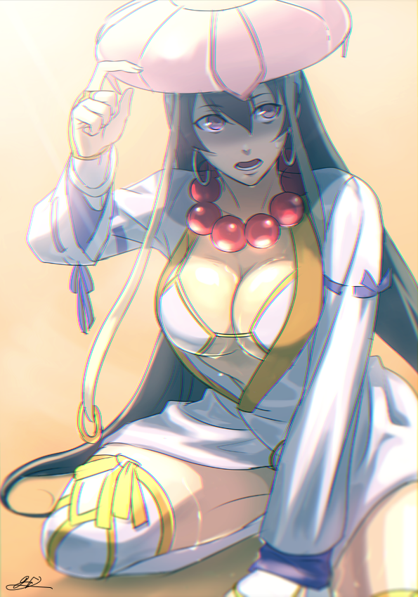 1girl, adjusting_clothes, adjusting_hat, arm_support, bead_necklace, beads, bikini, black_hair