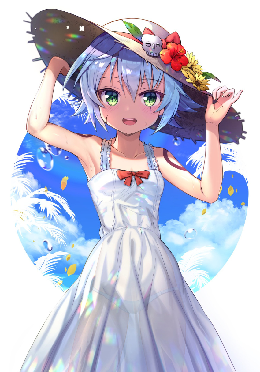 1girl, :d, arm_up, armpits, assassin_of_black, bangs, bare_arms, bare_shoulders