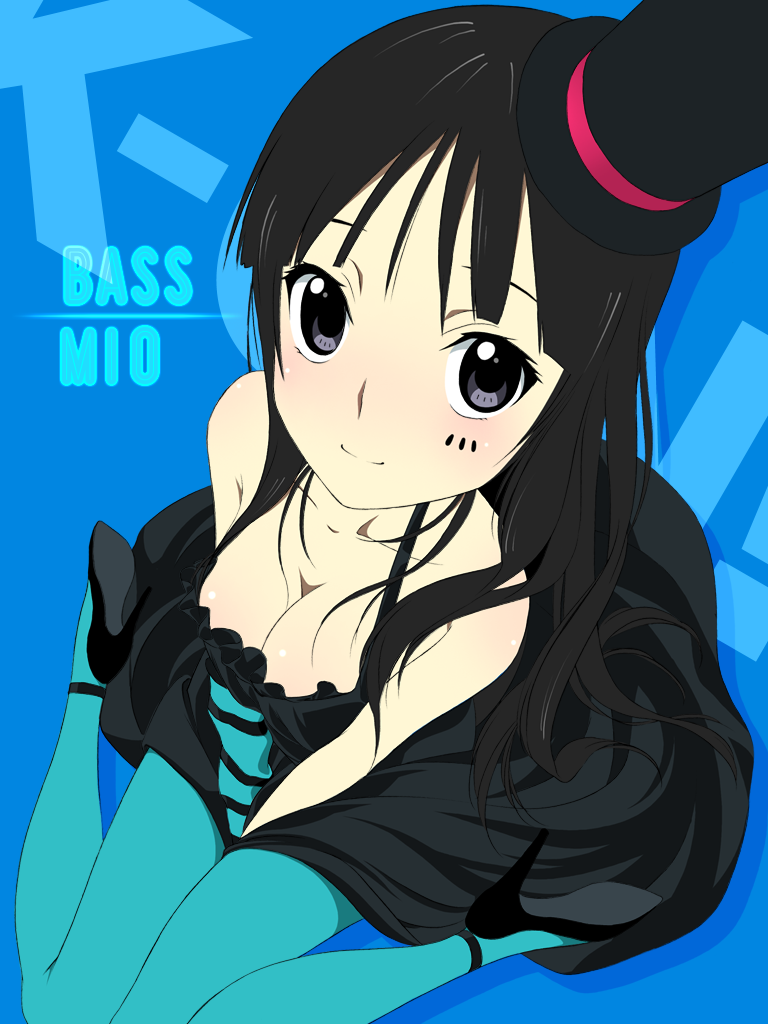 1girl, akiyama_mio, asymmetrical_clothes, bangs, black_eyes, black_hair, blue_legwear, blunt_bangs