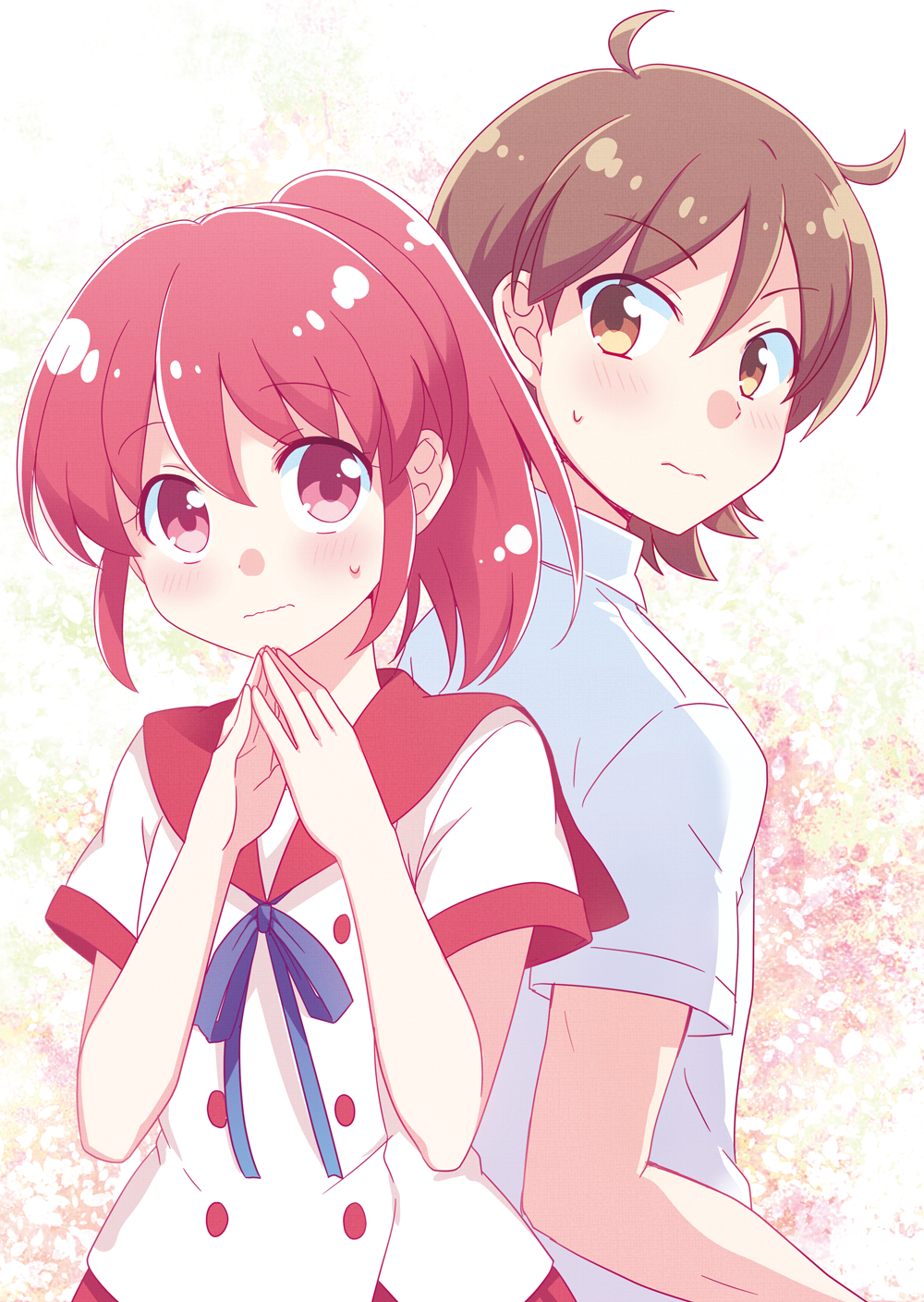 1boy, 1girl, aino_megumi, blue_ribbon, blush, brown_eyes, brown_hair, closed_mouth