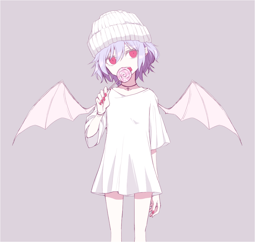 1girl, alternate_costume, bat_wings, beanie, breasts, candy, choker, commentary