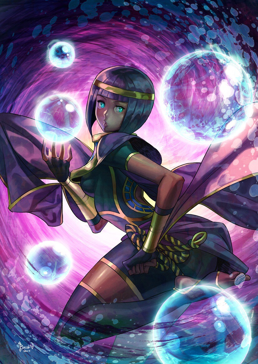 1girl, bracer, circlet, crystal_ball, energy_ball, fingerless_gloves, gloves, glowing, green_eyes, jean-baptiste_nanteau, leg_up, looking_at_viewer, menat, o3o, purple_hair, shawl, short_hair, solo, street_fighter, street_fighter_v, thigh-highs, toeless_legwear