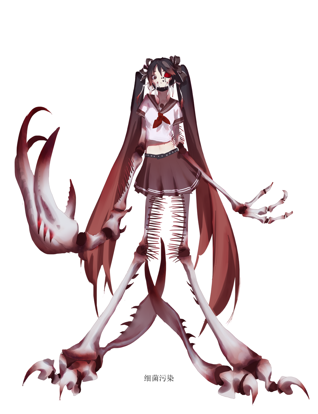 1girl, bangs, black_eyes, black_hair, black_sclera, black_skirt, brown_hair, calne_ca
