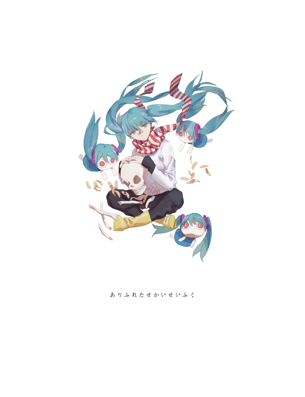 1girl, aqua_eyes, aqua_hair, bandaid, bangs, bone, boots, character_doll