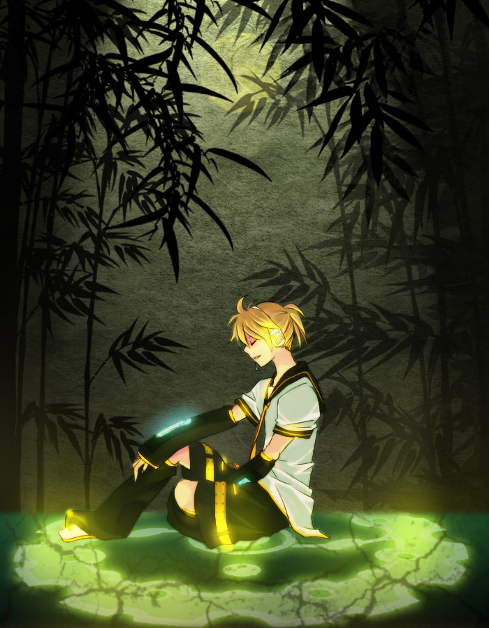 bamboo, bamboo_forest, blonde_hair, closed_eyes, detached_sleeves, forest, headphones, kagamine_len, male, microphone, moon, nature, necktie, ponytail, short_hair, sitting, solo, unibouzu, vocaloid