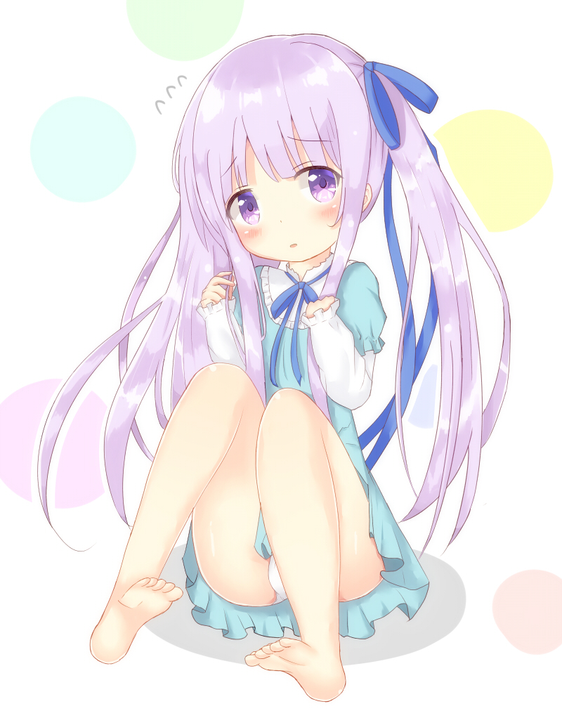 1girl, aqua_dress, bangs, bare_legs, barefoot, blouse, blue_ribbon, blush