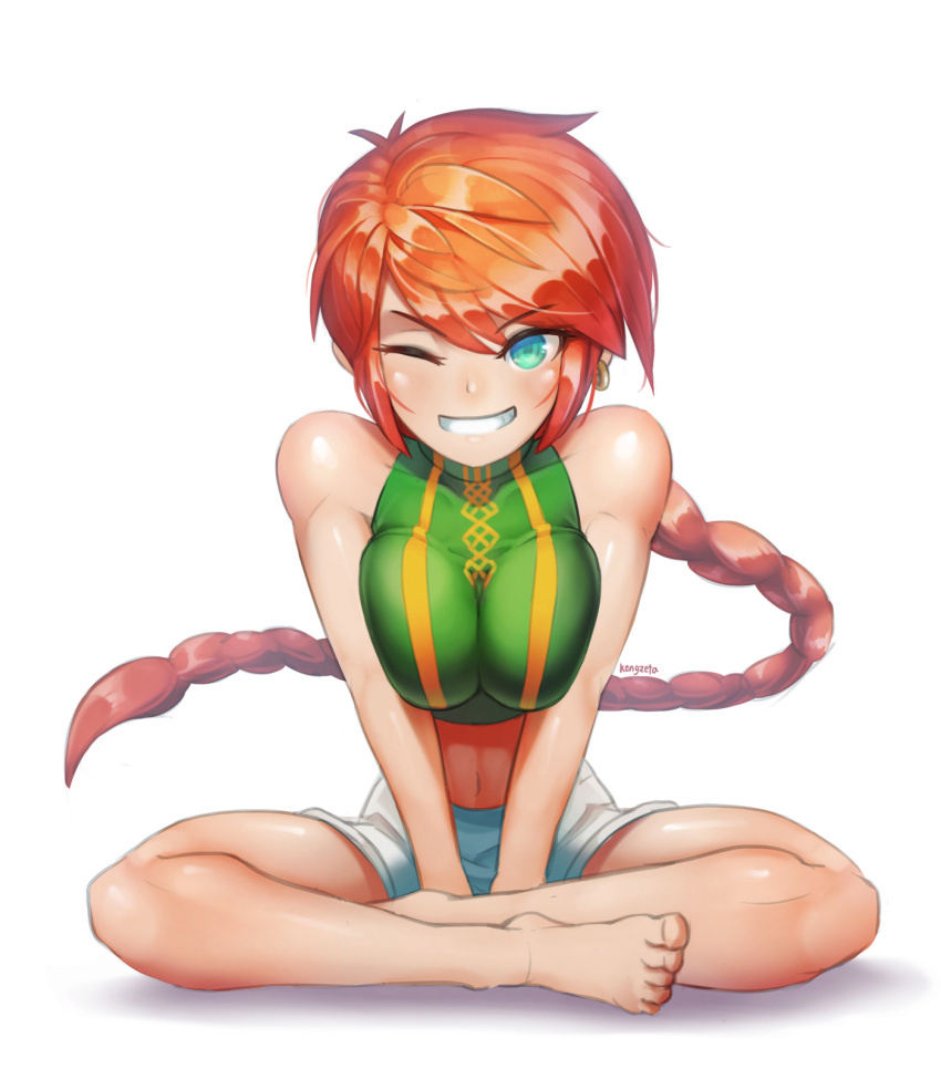 1girl, artist_name, bangs, bare_shoulders, barefoot, blue_eyes, borrowed_character, breast_squeeze