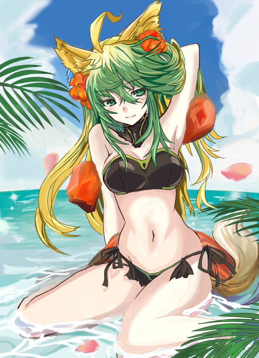 1girl, absurdres, animal_ears, archer_of_red, bikini, black_bikini, blonde_hair, breasts, cat_ears, cat_tail, clouds, day, fate/apocrypha, fate_(series), flower, green_eyes, green_hair, hair_between_eyes, hair_flower, hair_ornament, highres, long_hair, looking_at_viewer, medium_breasts, multicolored_hair, navel, outdoors, side-tie_bikini, sitting, sky, smile, solo, strapless, strapless_bikini, swimsuit, tail, two-tone_hair, uruzu, very_long_hair, wariza, water