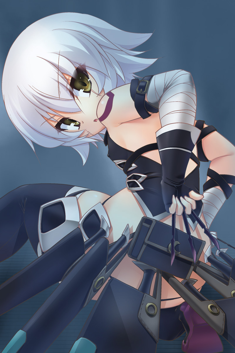 1girl, assassin_of_black, back, bandage, bandaged_arm, bare_shoulders, black_legwear, black_panties