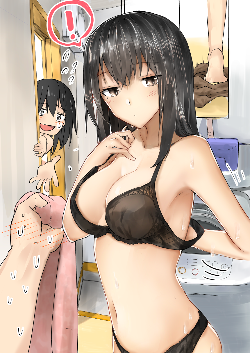 !, @_@, araido_kagiri, armpits, black_bra, black_hair, black_panties, blush, bra, breasts, brown_eyes, cleavage, comic, commentary, flying_sweatdrops, highres, looking_at_viewer, mole, original, panties, peeking_out, pov_hand, short_hair, sweat, sweatdrop, towel, underwear, undressing, washing_machine