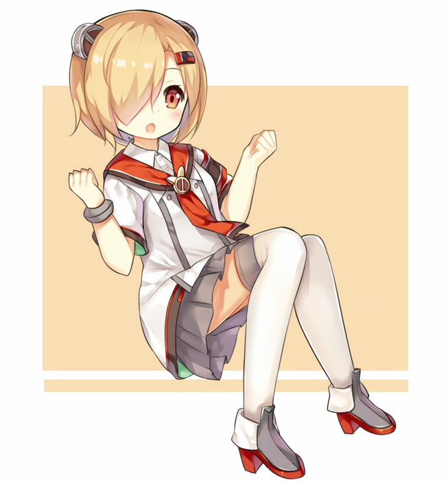 1girl, :o, animal_ears, armband, bangs, blonde_hair, blush, chestnut_mouth, collared_shirt, fake_animal_ears, graf_spee_(zhan_jian_shao_nyu), grey_skirt, hair_ornament, hair_over_one_eye, hairclip, high_heels, open_mouth, pleated_skirt, red_eyes, shirt, short_hair, short_sleeves, skirt, solo, tareme, tengxiang_lingnai, thigh-highs, white_legwear, white_shirt, zhan_jian_shao_nyu