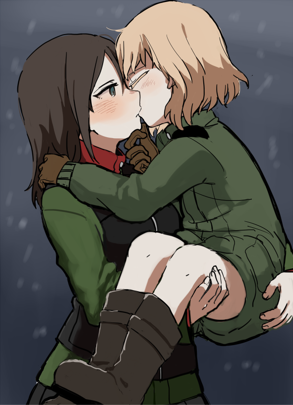2girls, bangs, black_boots, black_hair, black_skirt, black_vest, blonde_hair, blue_eyes