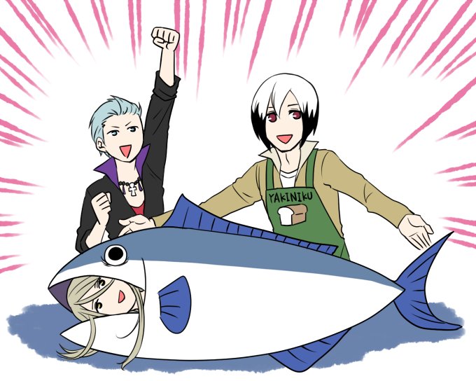 3boys, apron, arm_up, black_hair, blue_hair, brown_hair, clenched_hand, emphasis_lines