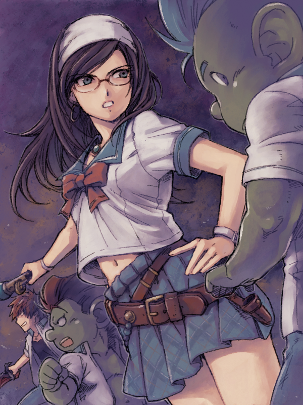 1girl, 3boys, black_hair, blue_eyes, clenched_teeth, dragon_quest, dragon_quest_x, dwarf_(dq10), earrings, hairband, hoop_earrings, jewelry, long_hair, multiple_boys, navel, pleated_skirt, runana_(dq10), school_uniform, serafuku, skirt, sovacha, teeth