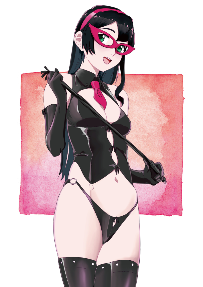 1girl, bdsm, black_gloves, black_hair, black_panties, breasts, cleavage, cosplay