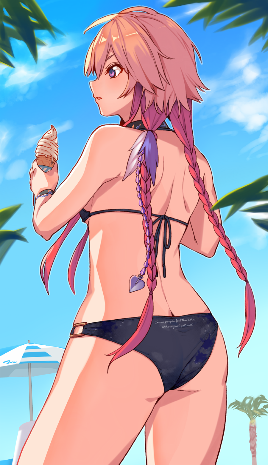 1girl, ass, bikini, black_bikini, blue_sky, bracelet, braid, breasts