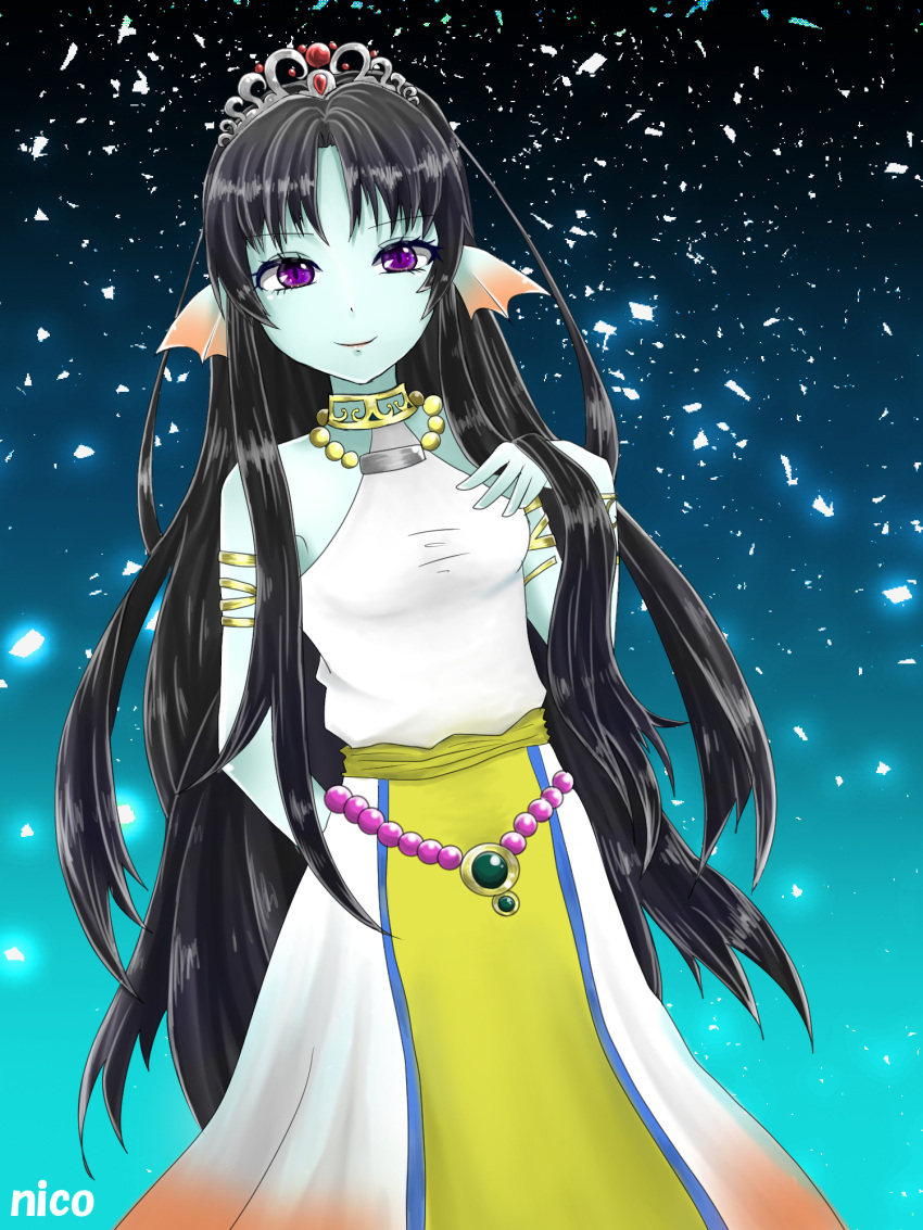 1girl, artist_name, belly_chain, black_hair, blue_skin, dragon_quest, dragon_quest_x, halterneck, head_fins, highres, jewelry, long_hair, looking_at_viewer, monster_girl, necklace, nikon_(user_aznh7528), seria_(dq10), smile, solo, tiara, very_long_hair, violet_eyes, weddie_(dq10)