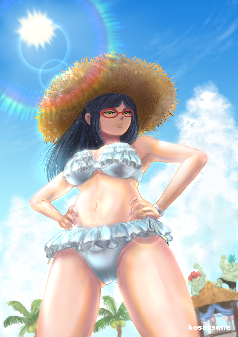 1girl, 2boys, bikini, black_hair, bracelet, breasts, cleavage, dragon_quest, dragon_quest_x, dwarf_(dq10), frilled_bikini, frills, glasses, green_eyes, hands_on_hips, hat, highres, jewelry, kosatsune, large_breasts, long_hair, looking_down, multiple_boys, navel, red-framed_eyewear, runana_(dq10), straw_hat, sun, swimsuit, white_bikini