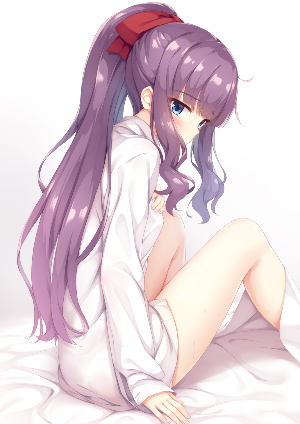 1girl, bangs, bare_legs, bed_sheet, blue_eyes, blush, brown_ribbon, collared_shirt