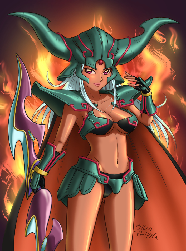 1girl, armor, bikini_armor, breasts, cleavage, dark_dream_(dq6), demon_girl, double-blade