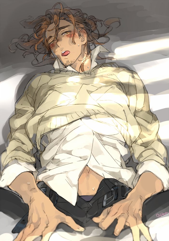 1boy, azumane_asahi, blush, brown_hair, cardigan, facial_hair, goatee, haikyuu!!