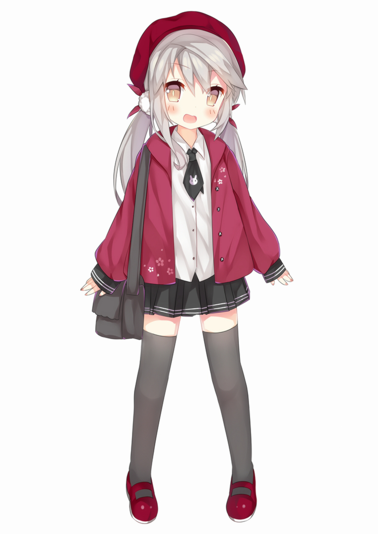 1girl, :d, animal_print, bag, beret, black_legwear, black_necktie, black_skirt, blush, brown_eyes, bunny_print, collared_shirt, fingernails, full_body, grey_hair, hair_ribbon, hat, jacket, long_hair, long_sleeves, looking_at_viewer, low_twintails, mary_janes, messenger_bag, nail_polish, necktie, open_clothes, open_jacket, open_mouth, ping_hai_(zhan_jian_shao_nyu), pink_nails, pleated_skirt, print_necktie, red_hat, red_jacket, red_ribbon, red_shoes, ribbon, school_bag, school_uniform, shirt, shoes, shoulder_bag, simple_background, skirt, sleeves_past_wrists, smile, solo, standing, tengxiang_lingnai, thigh-highs, twintails, white_background, white_shirt, zhan_jian_shao_nyu