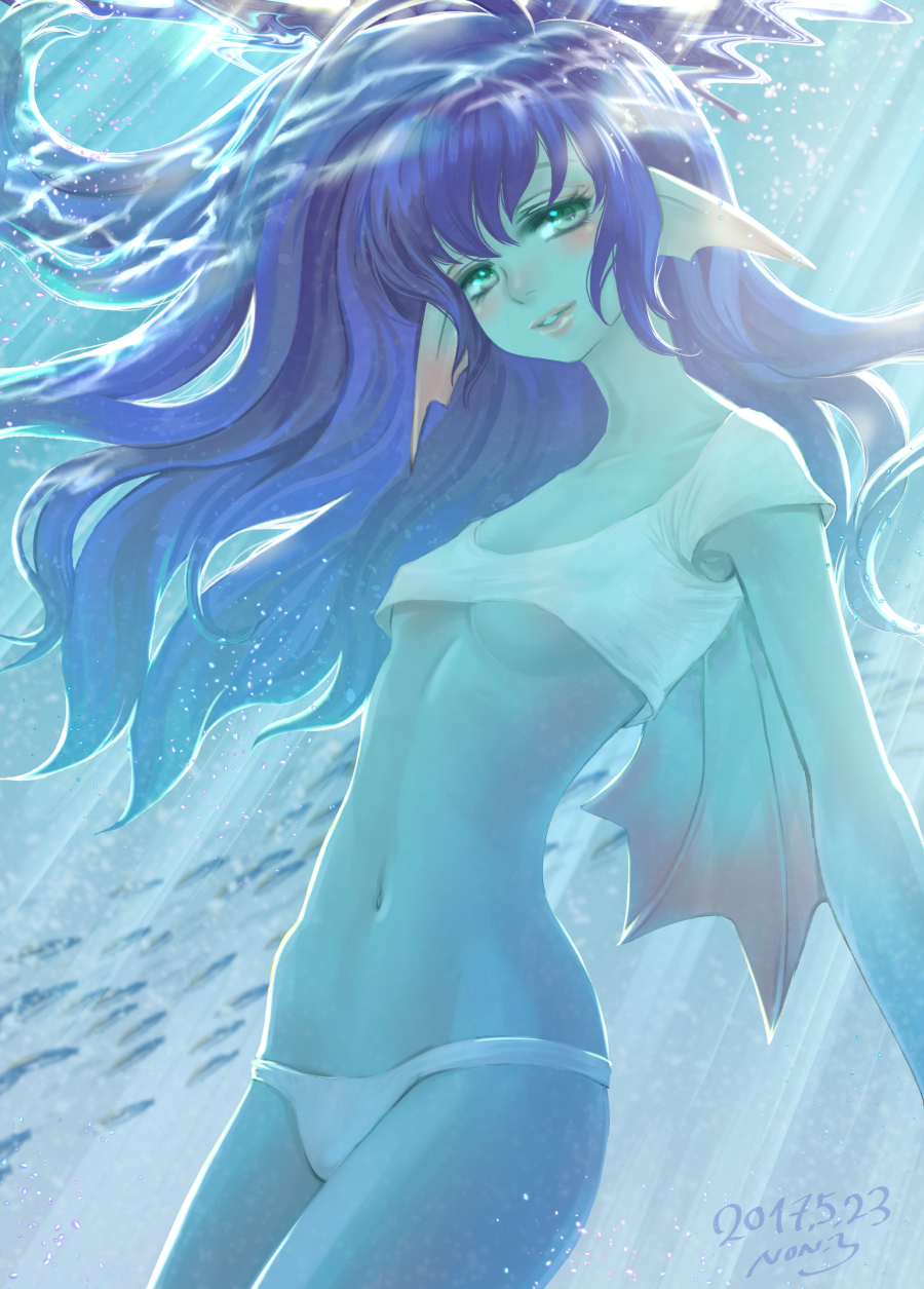 1girl, bikini_bottom, blue_eyes, blue_skin, blush, breasts, dated, dragon_quest