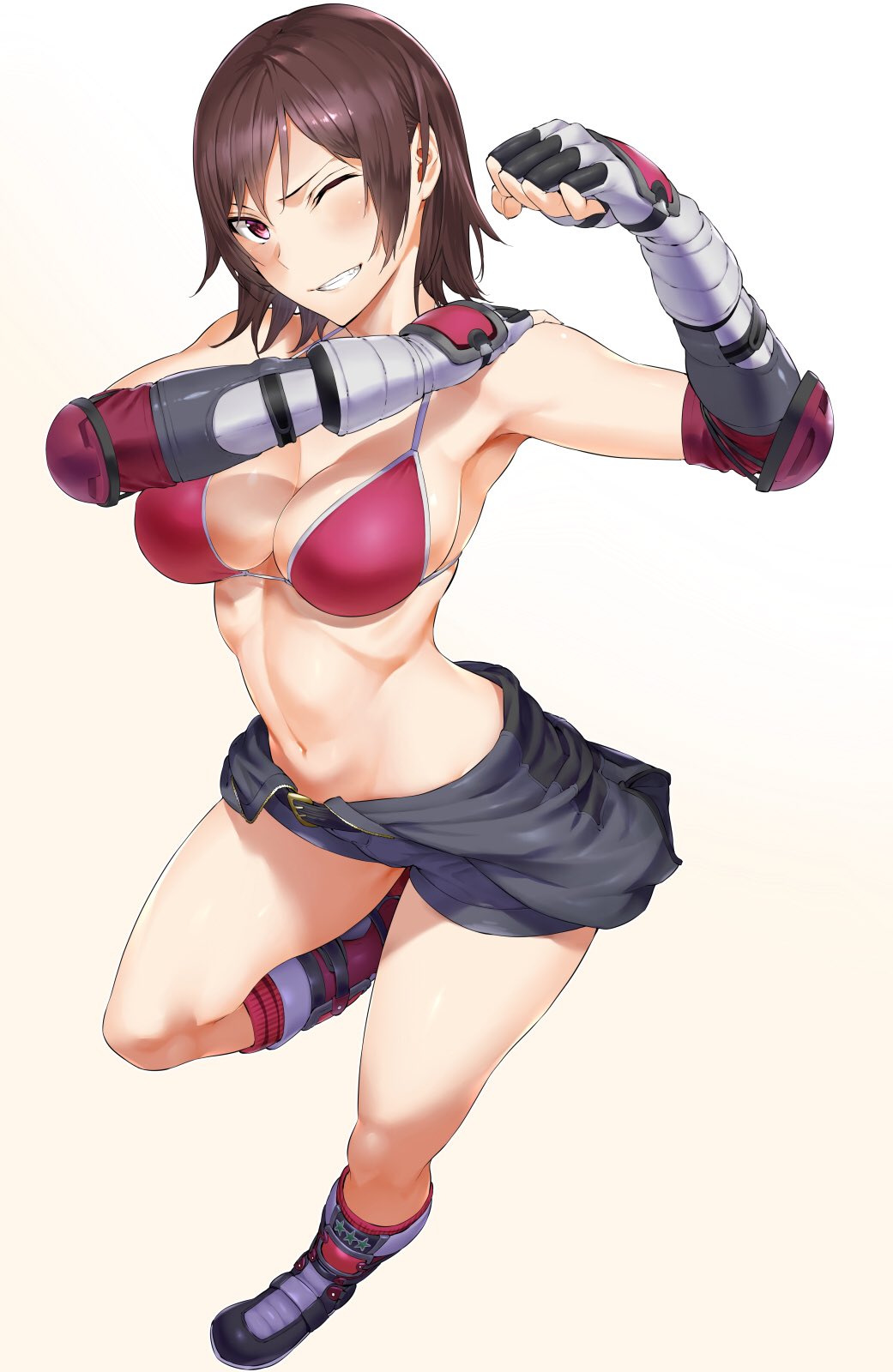 1girl, arm_up, armpits, belt, bikini_top, black_clothes, black_shorts, boots