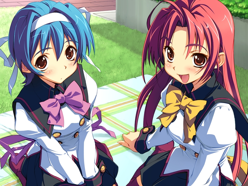 ai_shimai_~docchi_ni_suruno!!~, aqua_eyes, blanket, blue_hair, blush, bow, brown_eyes, game_cg, grass, hair_ribbon, hairband, honda_shizuru, honda_yuuna, kneeling, long_hair, looking_up, multiple_girls, outdoors, red_hair, redhead, ribbon, sameda_koban, school_uniform, seiza, short_hair, sitting, smile, thighhighs
