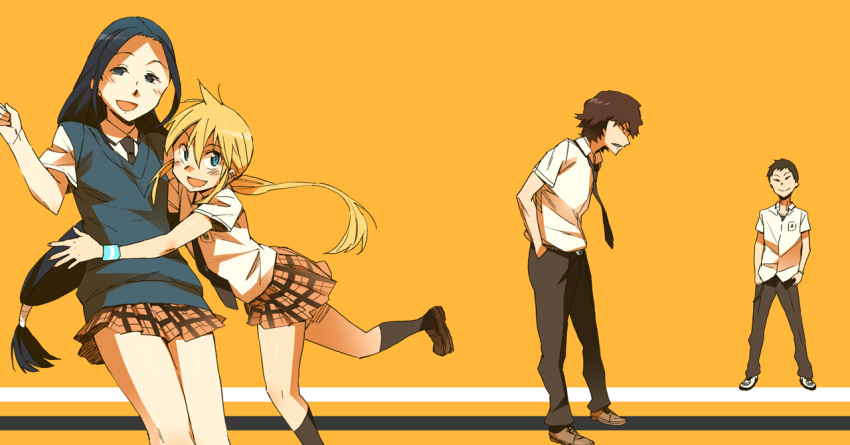 kageyama_kitsune, kageyama_torako, katou_haruaki, muromachi_kirin, necktie, school_uniform, skirt, takaya_nara