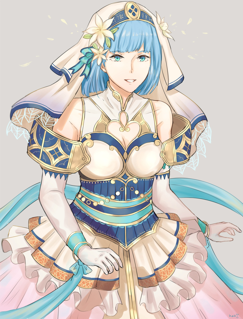 1girl, absurdres, bare_shoulders, blue_eyes, blue_hair, breasts, cleavage, cleavage_cutout, dress, elbow_gloves, fire_emblem, fire_emblem_echoes:_mou_hitori_no_eiyuuou, gloves, grin, hakirino, highres, short_hair, silk_(fire_emblem), smile, solo, veil