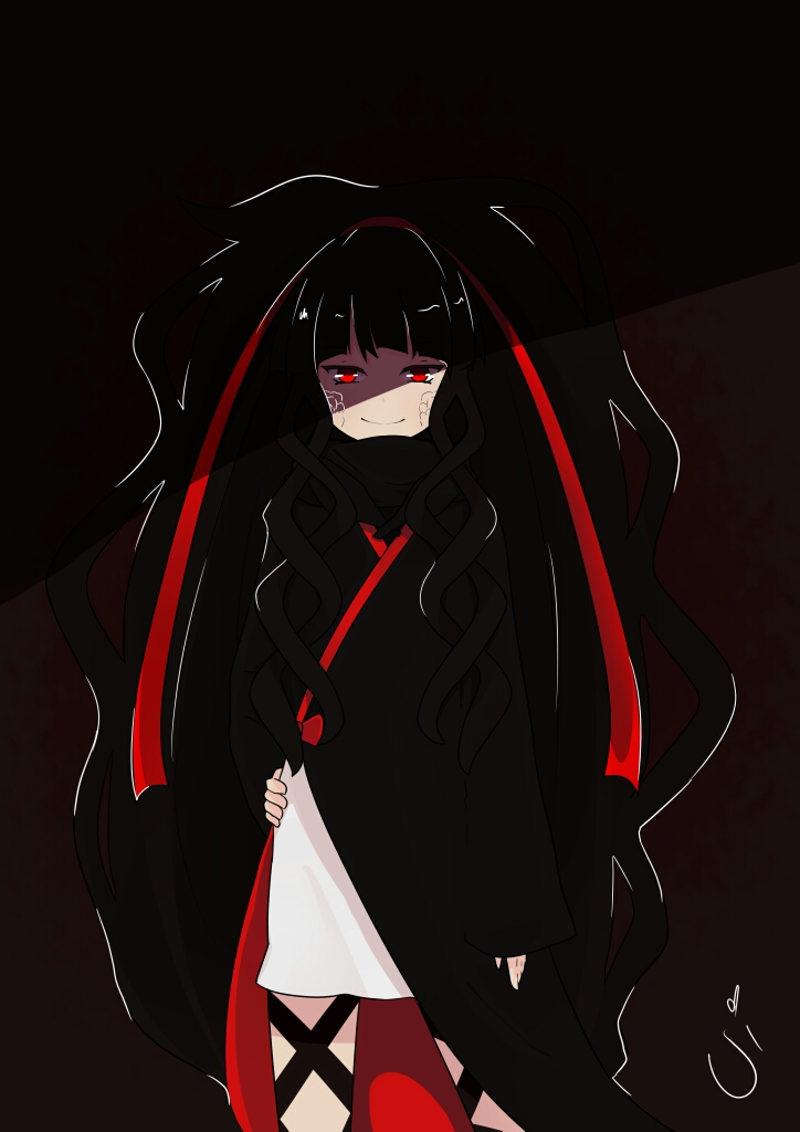 1girl, arm_at_side, azami_(kagerou_project), black_hair, blending, cloak, cowboy_shot, curly_hair