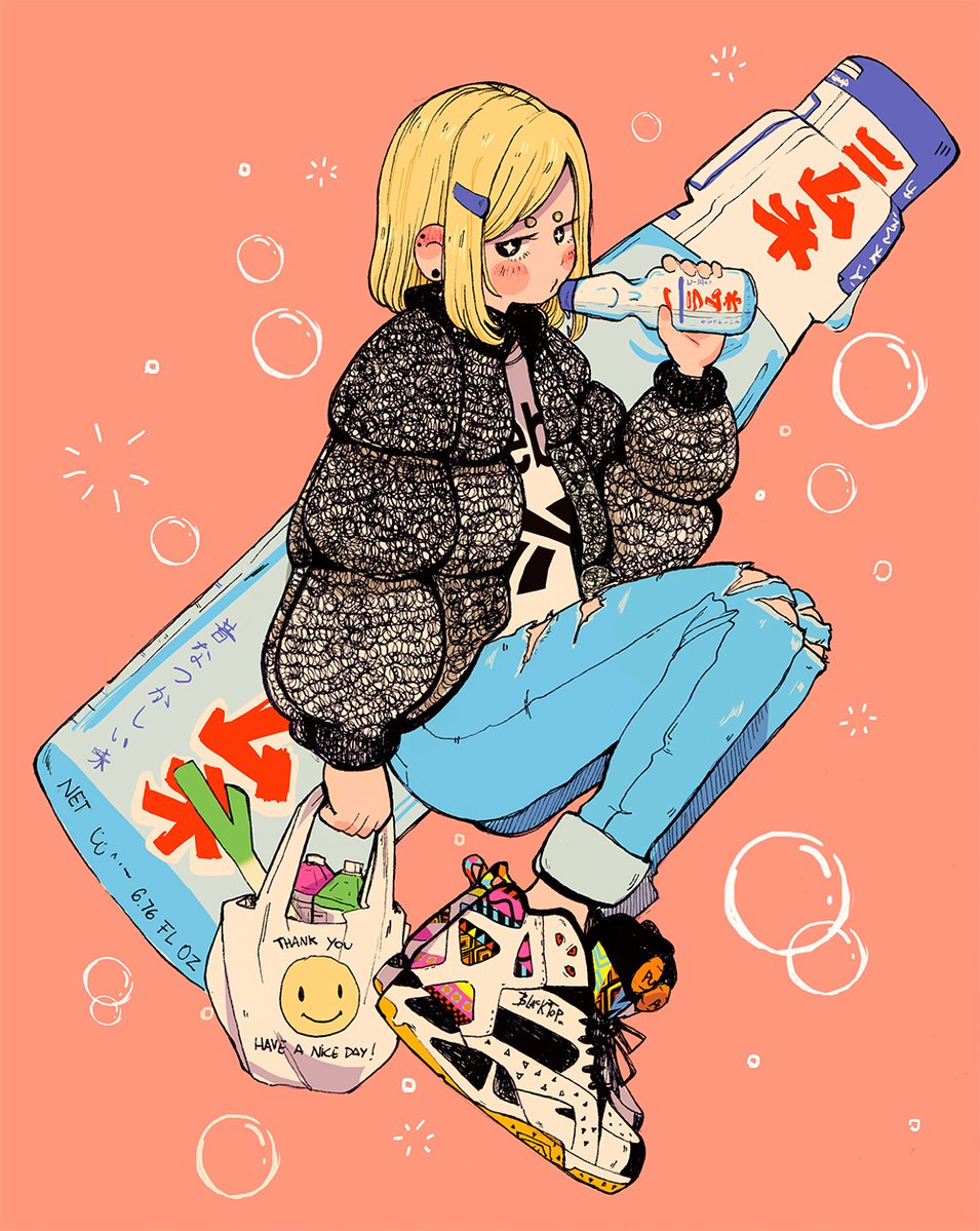 1girl, blonde_hair, blush, bubble, crisalys, denim, english, jacket