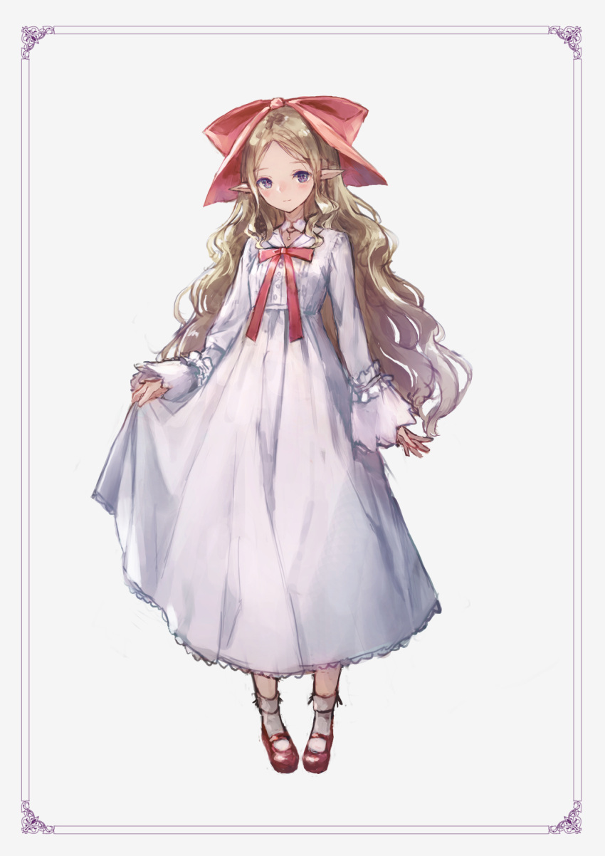 1girl, blonde_hair, blush, border, closed_mouth, commentary_request, detached_collar, dress