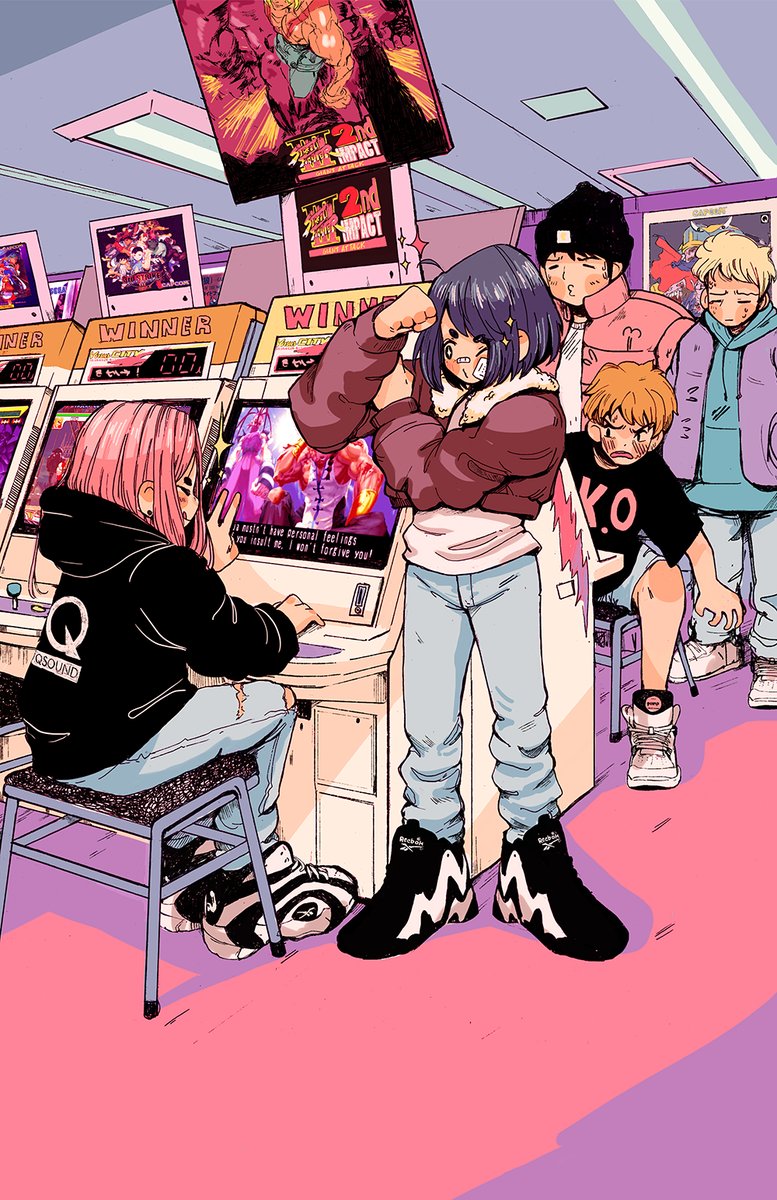 2girls, 3boys, arcade, black_hair, blonde_hair, brown_hair, crisalys, denim