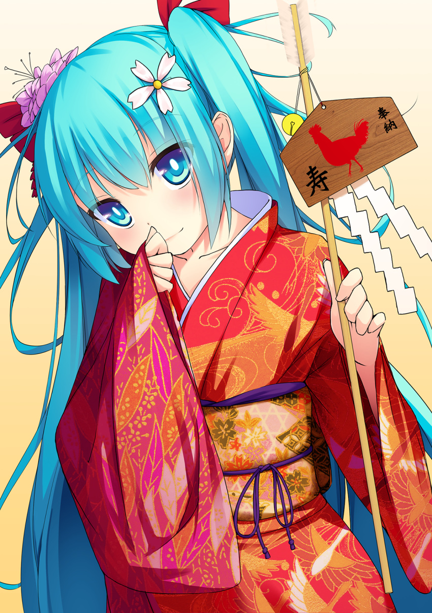 2017, aqua_eyes, aqua_hair, bangs, bell, bird, chicken, closed_mouth