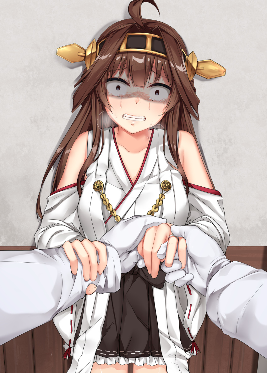 1boy, 1girl, absurdres, admiral_(kantai_collection), ahoge, arm_grab, bangs, black_skirt