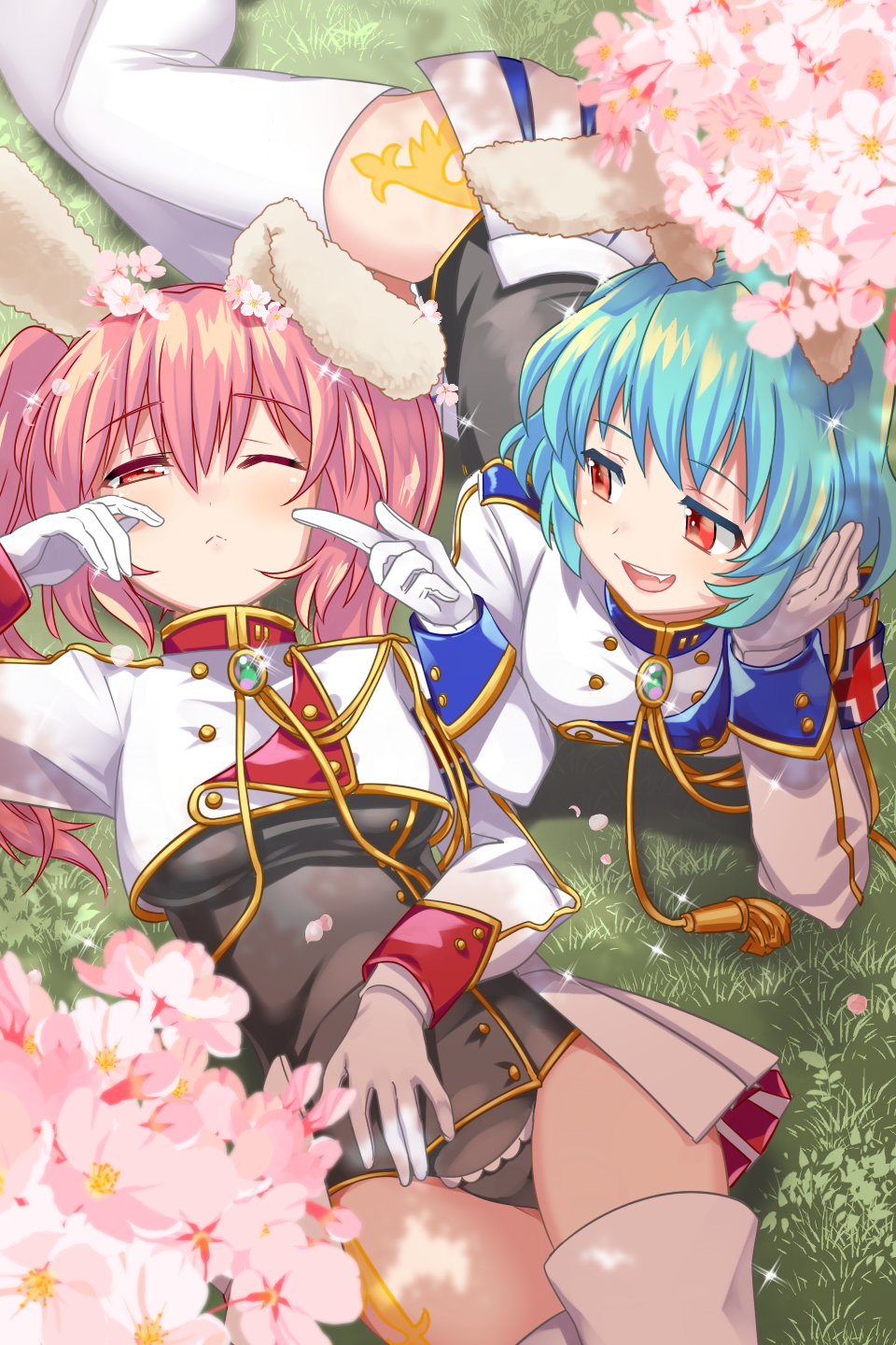 2girls, ;<, animal_ears, armband, bangs, blue_hair, breasts, cherry_blossoms