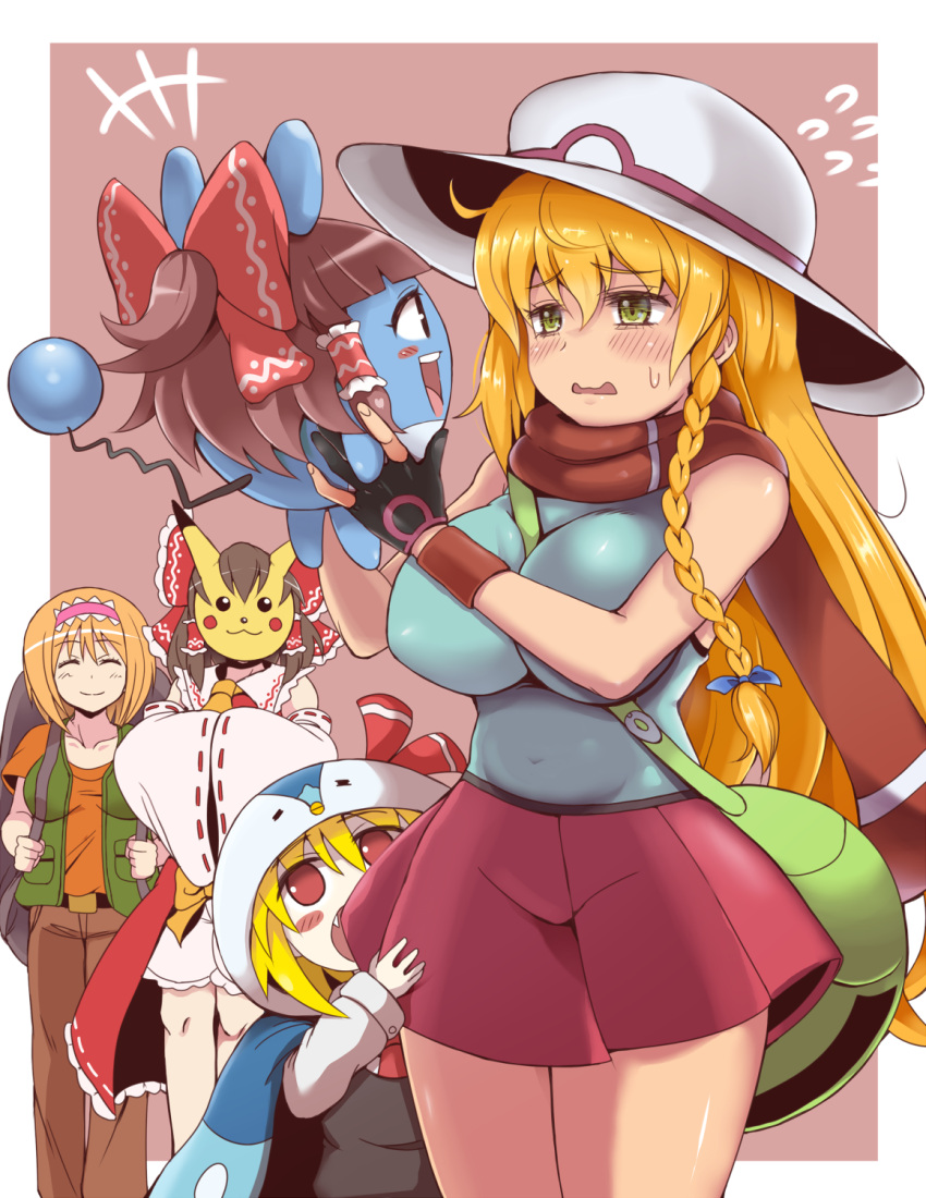 +++, 5girls, alice_margatroid, bag, benikurage, blonde_hair, blue_bow, blush, bow, breasts, brown_hair, character_request, closed_eyes, closed_mouth, cookie_(touhou), cosplay, eyebrows_visible_through_hair, facing_another, hair_bow, hair_tubes, hakurei_reimu, handbag, highres, hinase_(cookie), kanna_(cookie), kanna_(cookie)_(cosplay), kirisame_marisa, large_breasts, long_hair, looking_at_another, marill, mars_(cookie), mask, multiple_girls, nadeko_(cookie), open_mouth, orange_hair, parted_lips, pikachu, pokemon, red_bow, red_eyes, red_scarf, red_skirt, rumia, scarf, short_hair, skirt, smile, touhou, yarumi_(suina), yellow_eyes