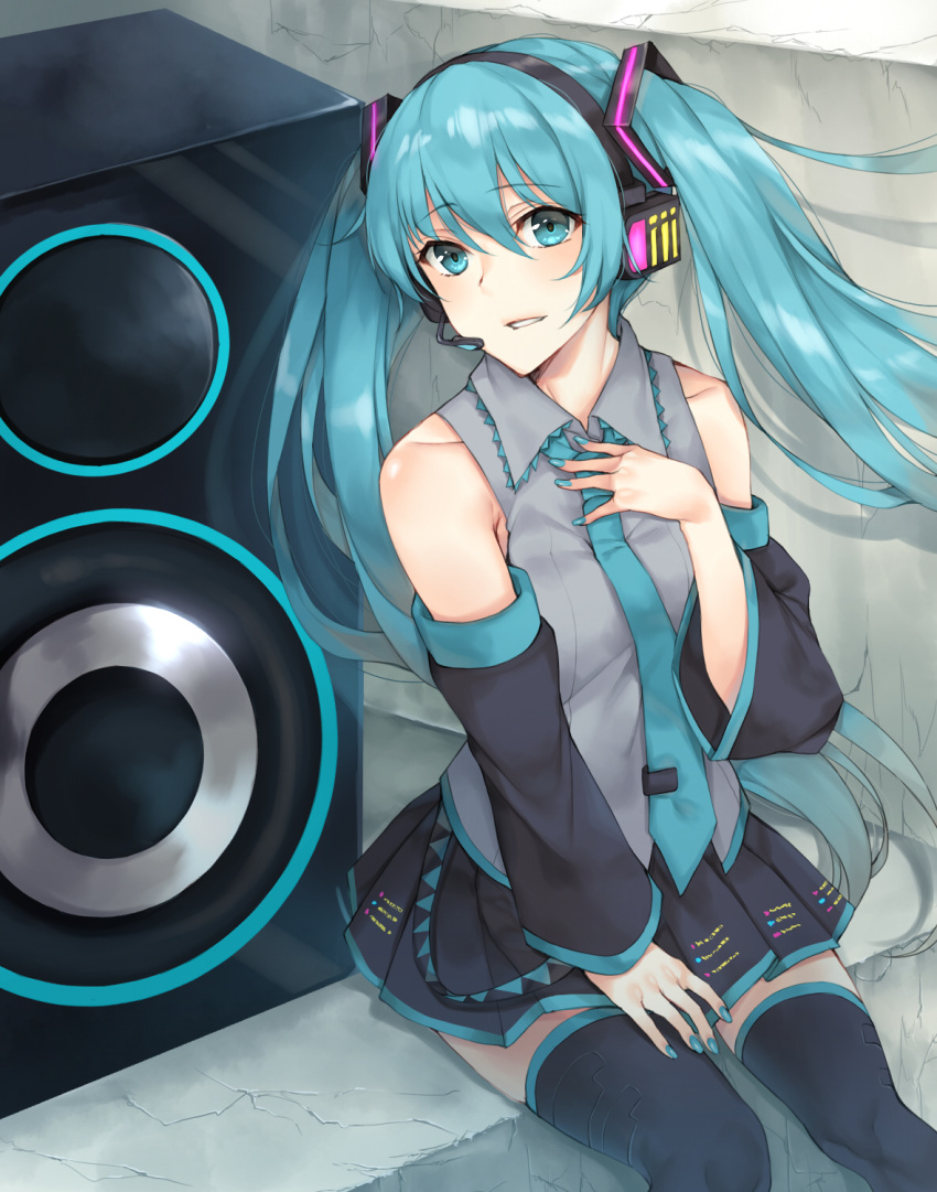 1girl, black_legwear, black_skirt, blue_eyes, blue_hair, blue_nails, blue_necktie, blush