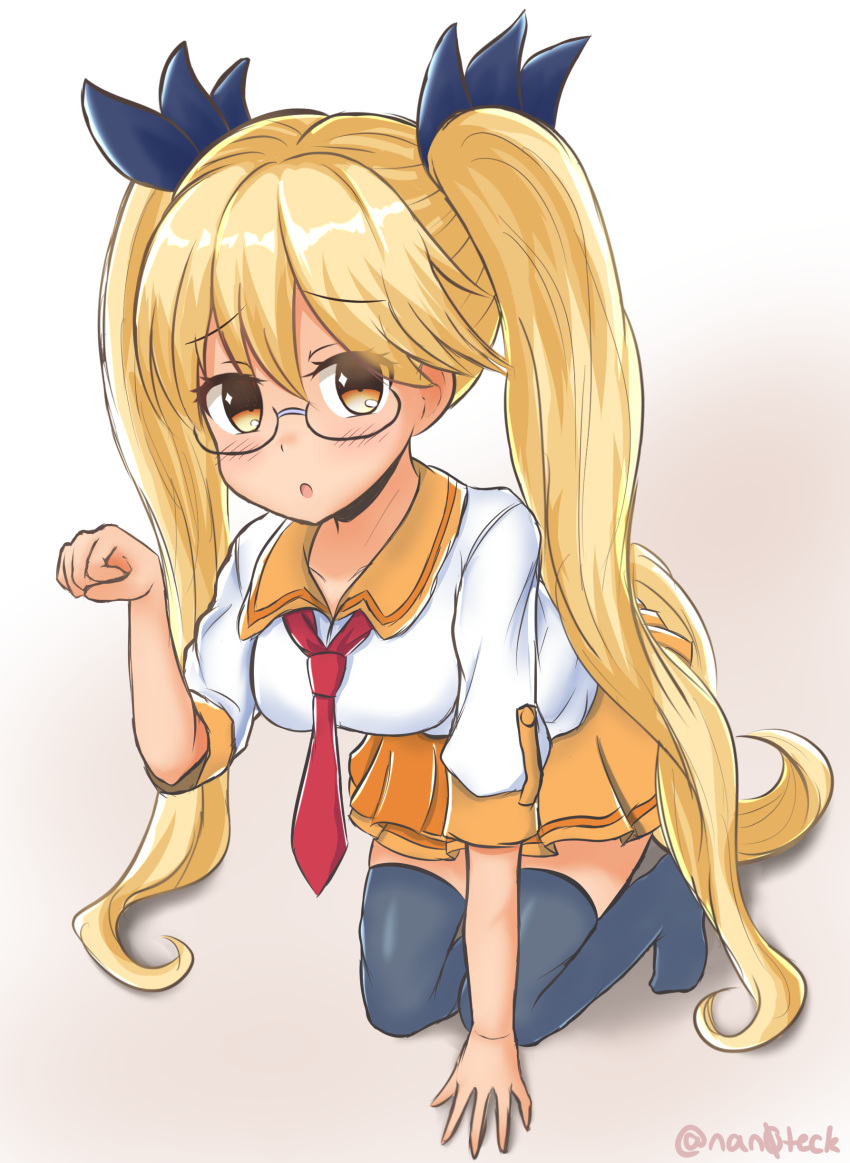 1girl, absurdres, all_fours, artist_name, black_legwear, black_ribbon, blonde_hair, blush