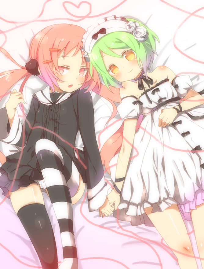 bare_shoulders, child, different_socks, dress, green_hair, hand_holding, headdress, holding_hands