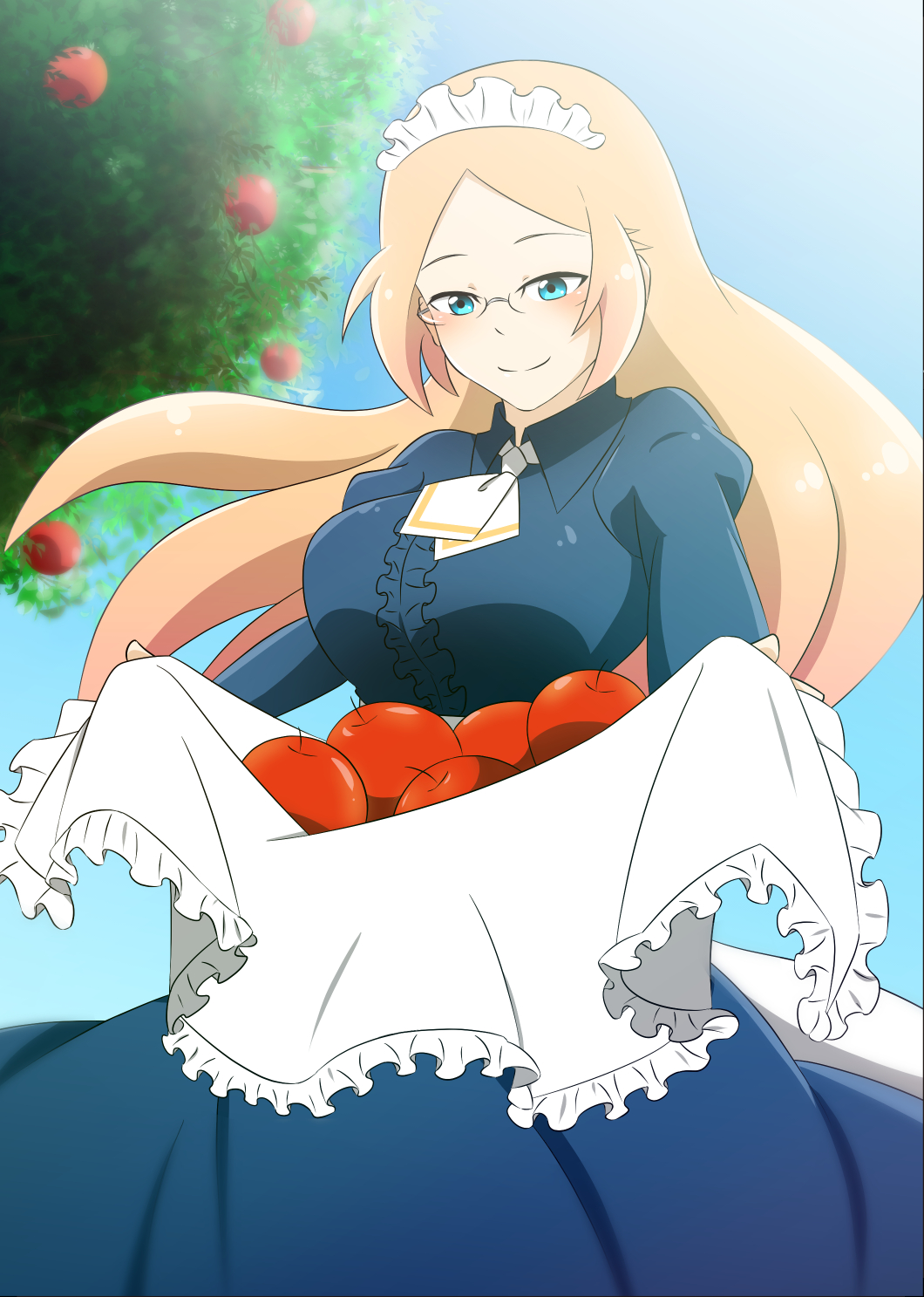 1girl, apple, apple_tree, apron, blue_dress, blue_eyes, blue_sky, bluelancek, day, dress, food, fruit, highres, katie_(sennen_sensou_aigis), long_hair, maid_apron, maid_headdress, orange_hair, outdoors, sennen_sensou_aigis, skirt_basket, sky, smile, solo, standing, tree