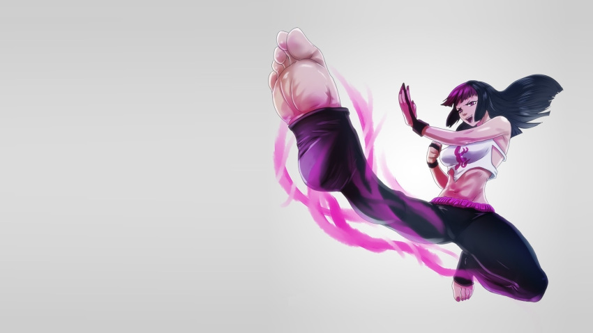1girl, alternate_costume, alternate_hairstyle, bare_shoulders, barefoot, black_hair, capcom, feet, fingerless_gloves, full_body, gloves, han_juri, highres, kick, kicking, laughing, long_hair, multicolored_hair, nail_polish, no_shoes, pov_feet, purple_eyes, scamwich, simple_background, soles, solo, street_fighter, street_fighter_iv, tank_top, thighs, toeless_legwear, toes, wallpaper