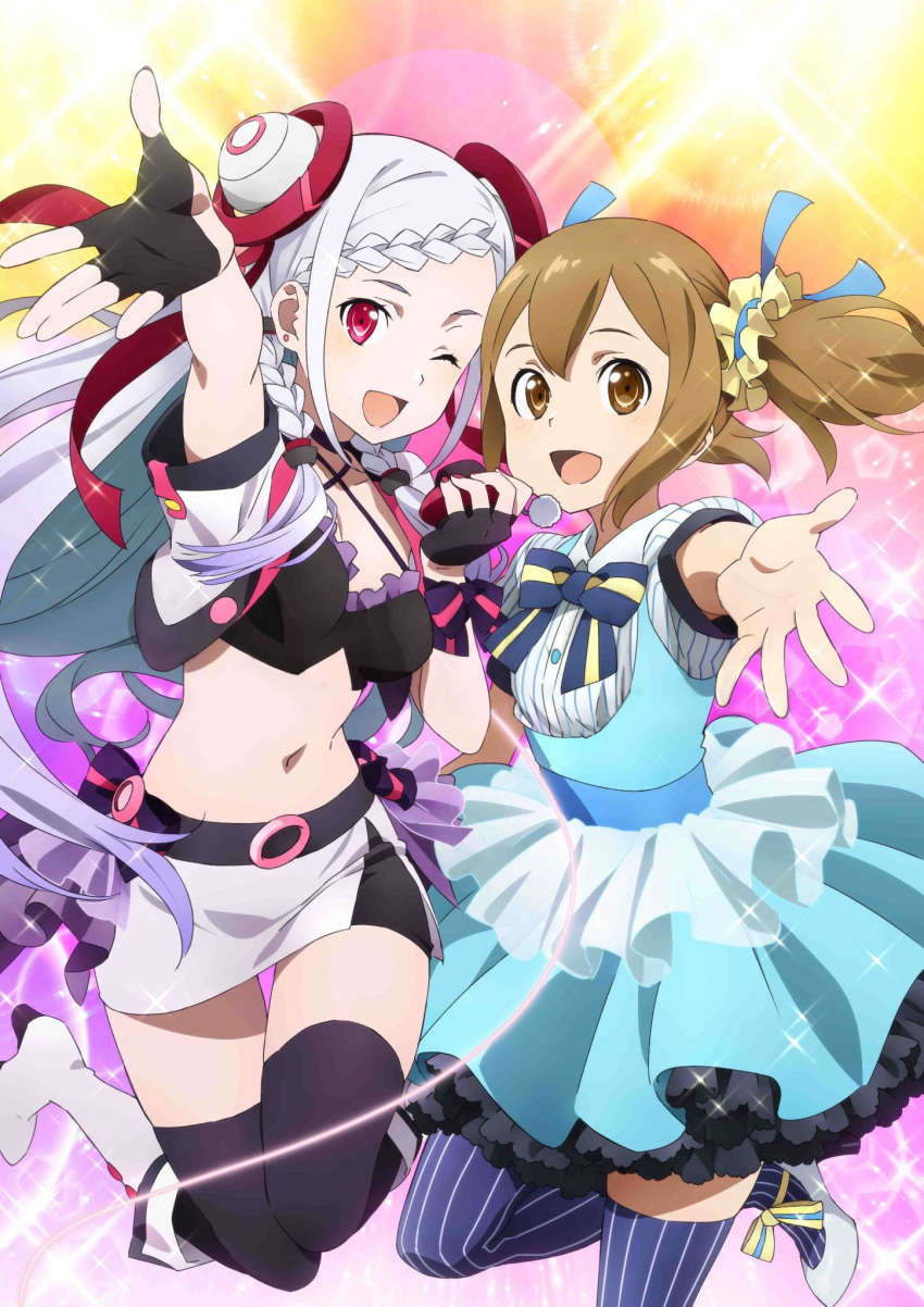 2girls, :d, ;d, arm_up, black_gloves, black_legwear, black_shorts, blue_legwear