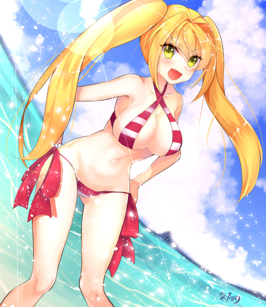 1girl, blonde_hair, blush, breasts, cleavage, collarbone, eyebrows_visible_through_hair, fate/grand_order, fate_(series), green_eyes, highres, large_breasts, long_hair, looking_at_viewer, miya_sakaori, navel, nero_claudius_(swimsuit_caster)_(fate), open_mouth, saber_extra, signature, smile, solo, twintails