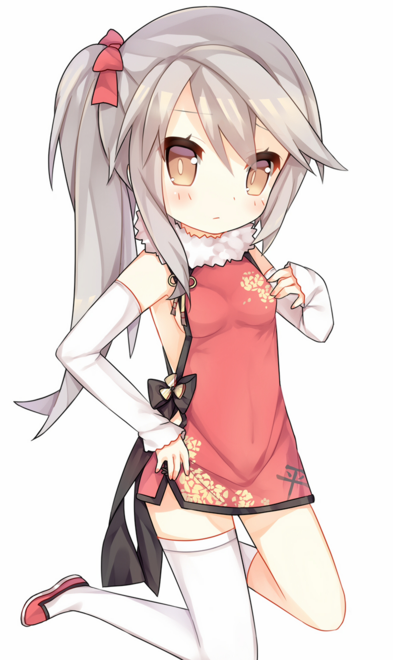 1girl, arm_warmers, asymmetrical_legwear, blush, breasts, brown_eyes, china_dress, chinese_clothes