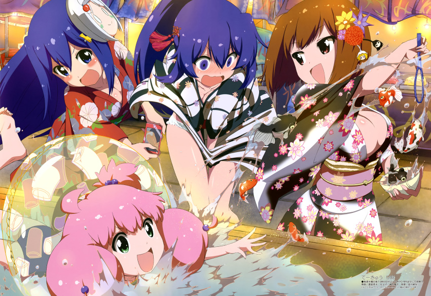 4girls, :d, absurdres, bandou_marimo, barefoot, blue_eyes, blue_hair, blush, breasts, brown_eyes, brown_hair, cleavage, clothes_lift, collarbone, embarrassed, festival, flower, hair_flower, hair_ornament, highres, innertube, japanese_clothes, kimono, kimono_lift, kimono_tug, large_breasts, mask, mask_on_head, medium_breasts, multiple_girls, open_mouth, oshimoto_yuri, outdoors, panties, ponytail, purple_flower, red_flower, red_kimono, shinjou_kanae_(teekyuu), shiny, shiny_skin, short_hair, smile, standing, takamiya_nasuno, teekyuu, toshima_eita, transparent, underwear, white_panties, yellow_flower