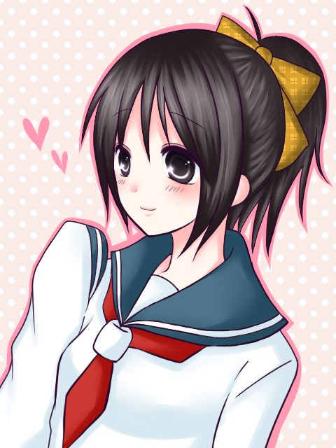 black_hair, blush, bow, hair_bow, heart, hinayu_ayaka, oora_kanako, oura_kanako