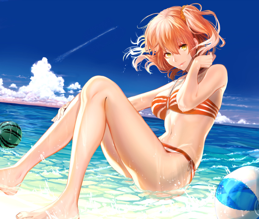 1girl, absurdres, beach, beachball, bikini, day, fate/grand_order, fate_(series), floating_hair, fujimaru_ritsuka_(female), hair_between_eyes, hair_ornament, hair_scrunchie, halterneck, hand_in_hair, highres, looking_at_viewer, m_sige, ocean, one_side_up, orange_bikini, orange_hair, outdoors, scrunchie, short_hair, sitting, sky, solo, striped, striped_bikini, swimsuit, water, wet, yellow_eyes